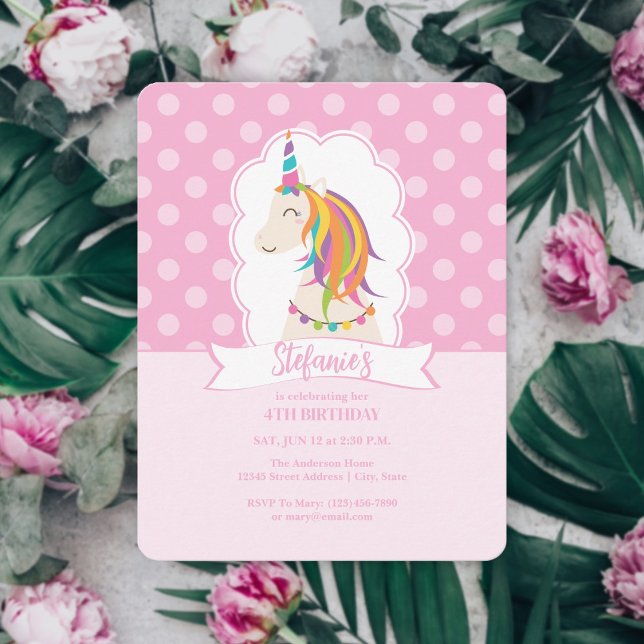 Elegant Girly Rosa Rainbow Unicorn Girl Birthday Inbjudningar (Skapare uppladdad)