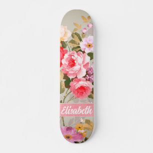 Elegant Girly Rosa Röd ros Monogram Skateboard