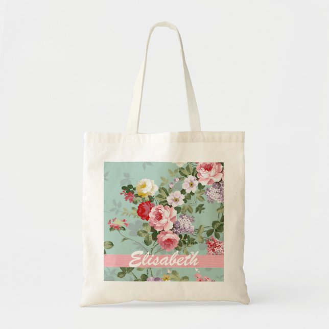 Elegant Girly Rosa Röd ros Monogram Tygkasse (Framsidan)