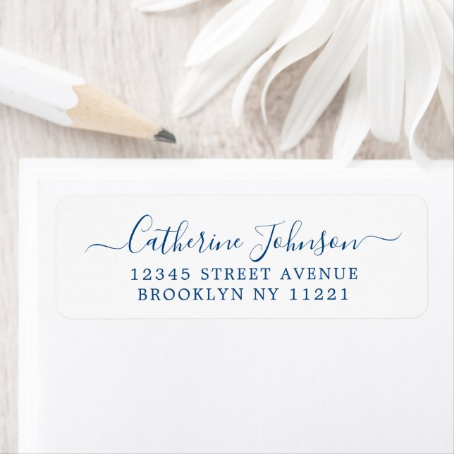 Elegant Girly Script Calligraphy Navy Blue Returadress Etikett (Insitu)