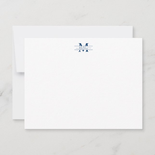 Elegant Girly Script Monogram Navy Blue Note Card Anteckningskort (Framsida)