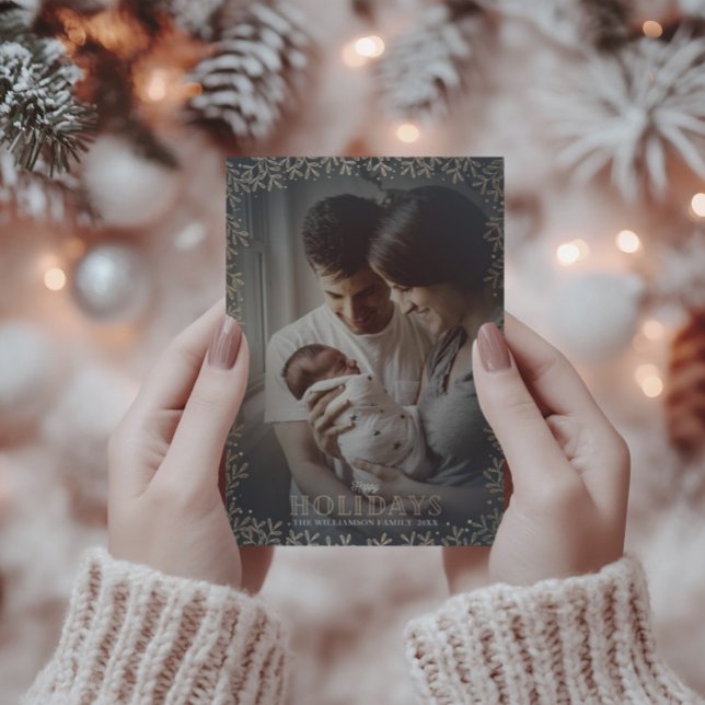 Elegant Glad helg Guld löv och fotopul Julkort (Skapare uppladdad)