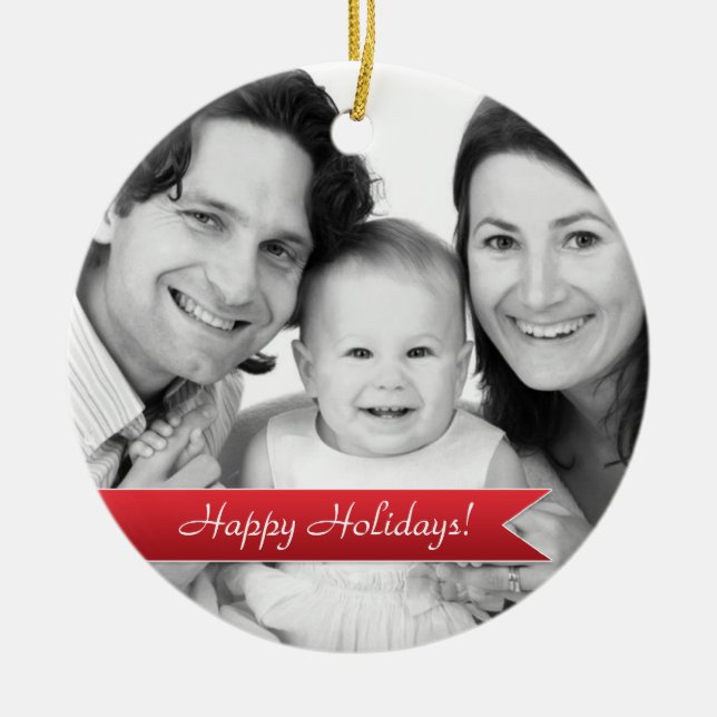 Elegant Glad helg Red Ribbon Family Photo Julgransprydnad Keramik (Framsidan)