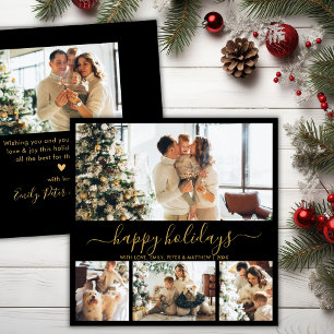 Elegant Glad helg Script Black Guld 5 Photo Julkort
