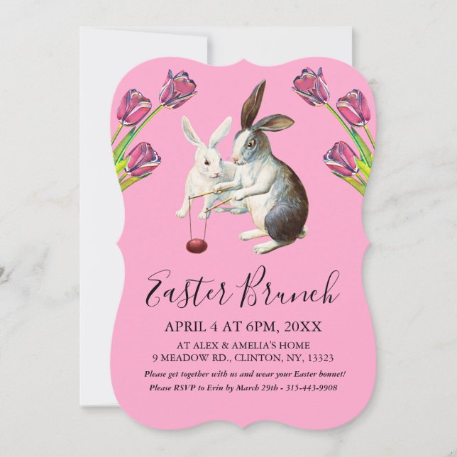 Elegant Glad påsk Bunnies Brunch Blommigt Rosa Julkort (Framsida)