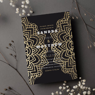 Elegant Glam Black Guld Blommigt Mandala Bröllop Inbjudningar