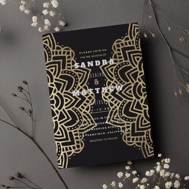 Elegant Glam Black Guld Blommigt Mandala Bröllop Inbjudningar (Elegant Glam Black Gold Floral Mandala Wedding )