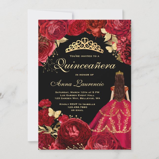 Elegant Glam Black Guld Red Quinceanera Inbjudningar (Framsida)