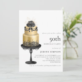 Elegant Glam Cake Blommigt Guld Black 50:e födelse Inbjudningar