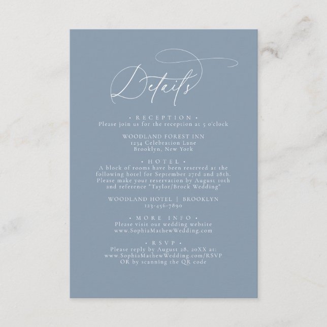 Elegant Glam Dammblå Flourish Bröllopsdetaljer Tilläggskort (Framsida)