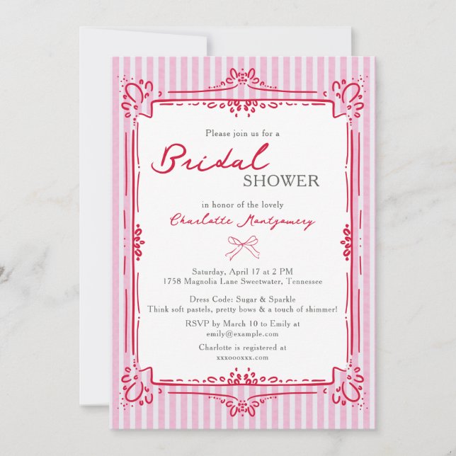 Elegant Glam Frame & Pink Stripes Bridal Shower Inbjudningar (Framsida)
