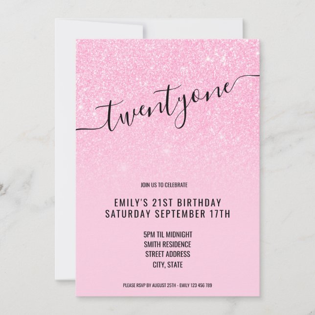 Elegant Glam Glitter Rosa 21:a födelsedagen Inbjudningar (Framsida)