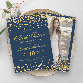 Elegant Glam Guld Navy Confetti Photo Sweet 16 Inbjudningar