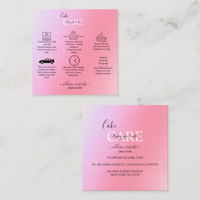 Elegant Glam Iridescent Gnistra Cake Care Square Fyrkantigt Visitkort (Fram/baksida)