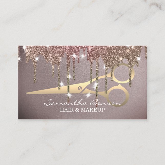Elegant glam makeup hår  rosa glitter droppar visitkort (Framsida)