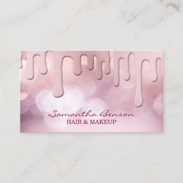 Elegant glam makeup hår  rosa glitter droppar visitkort (Framsida)