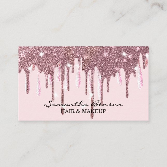Elegant glam makeup hår  rosa glitter droppar visitkort (Framsida)