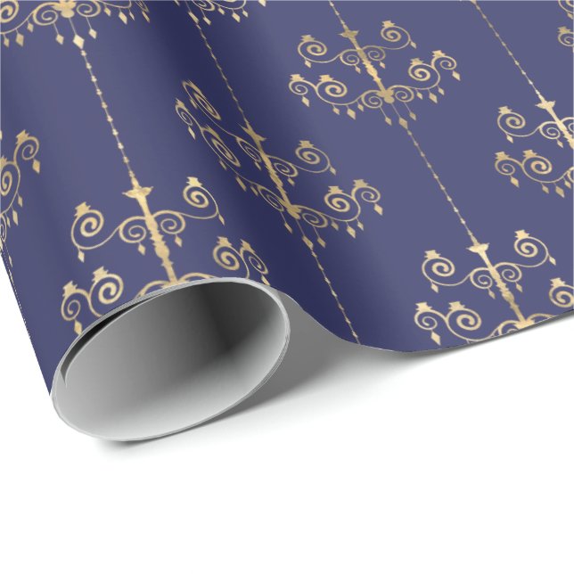 Elegant Glam Navy Blue Guld Mönster Presentpapper (Rullad Hörn)