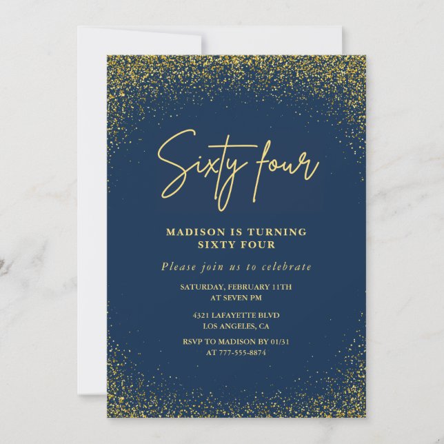 Elegant Glam Navy Guld Glitter 64-årsdag Inbjudningar (Framsida)
