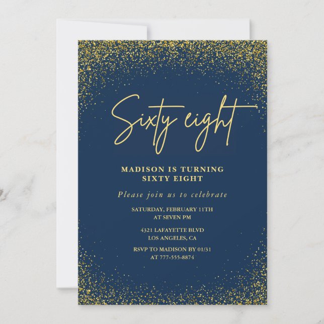 Elegant Glam Navy Guld Glitter 68-årsdag Inbjudningar (Framsida)