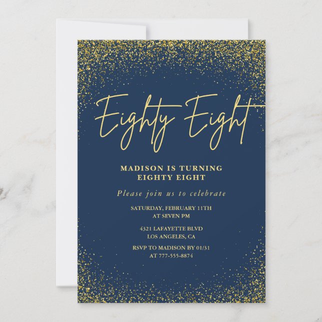 Elegant Glam Navy Guld Glitter 88-årsdag Inbjudningar (Framsida)