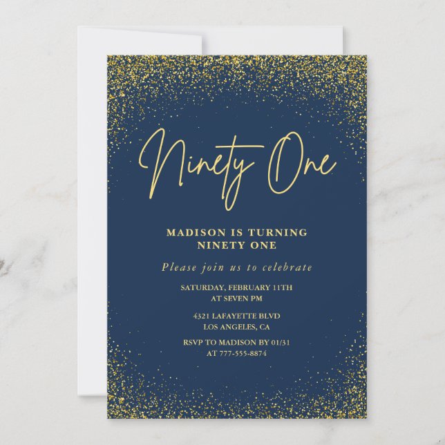 Elegant Glam Navy Guld Glitter 91-årsdag Inbjudningar (Framsida)