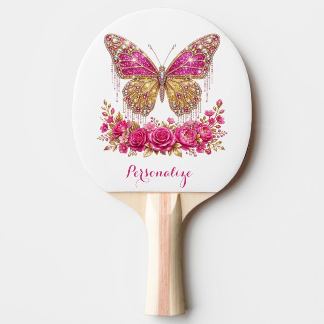 Elegant Glam Rosa Fjäril & Ros Personlig Pingisracket (Framsidan)