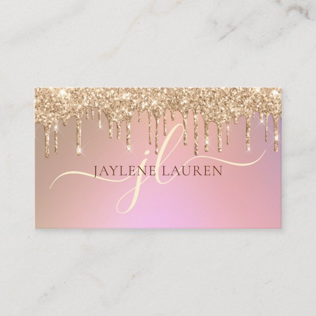 Elegant Glam Roséguld Glitterdroppar Monogram Visitkort (Framsida)