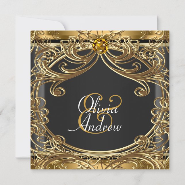 Elegant Glam Svart och Guld Bröllop Inbjudningar (Framsida)