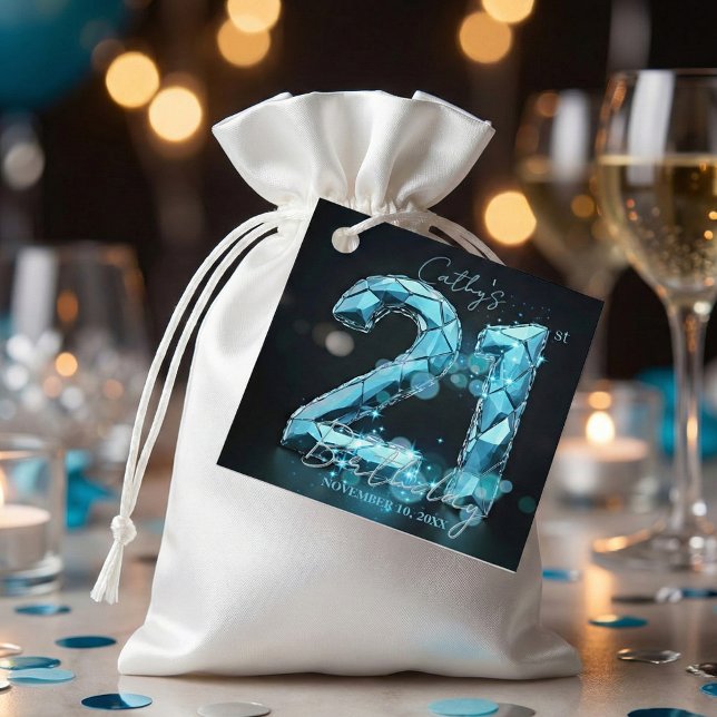 Elegant Glam Teal Blue Crystal 21st Birthday Gåvor Etiketter (Skapare uppladdad)