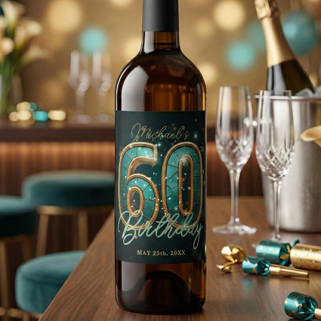 Elegant Glam Teal Gold 60th Milestone Birthday Vinflaska Etikett (Skapare uppladdad)