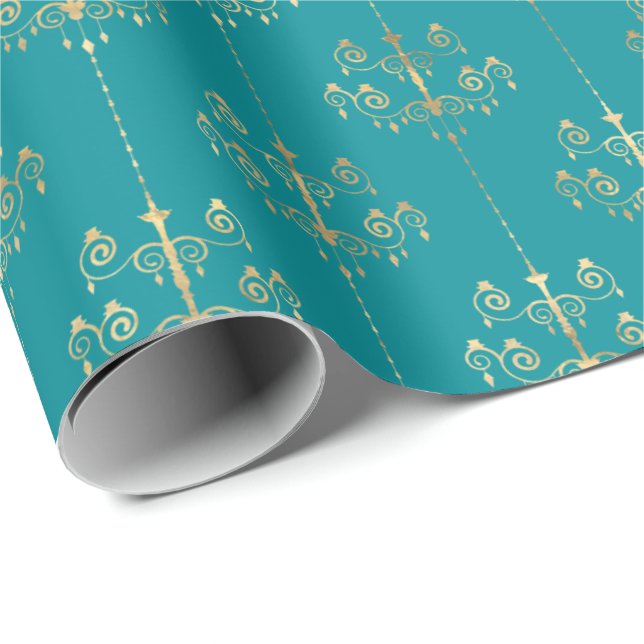 Elegant Glam Teal Guld Mönster Presentpapper (Rullad Hörn)