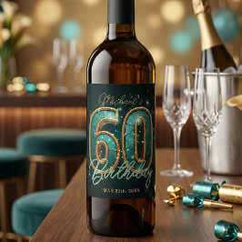Elegant Glam Turkos Guld 60-års Jubileumfödselday Vinflaska Etikett