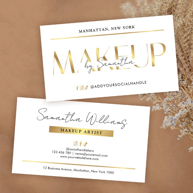 Elegant Glam Vit & Guld Effekt Sminkartist Visitkort (Elegant makeup business cards with faux gold effects, modern layout and space for your contact info)