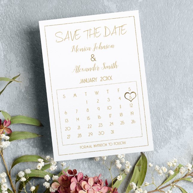 Elegant Glam Vit Guld Kalendar Spara Datum Meddelande Vykort (Elegant Glam White Gold Calendar Save the Date )