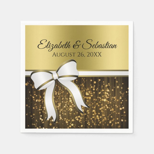 Elegant Glam White Ribbon & Guld Sparkles Bröllop Pappersservett (Framsidan)