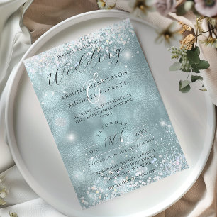 Elegant Glamorös Blänkande Blå Foto Bröllop Inbjudningar