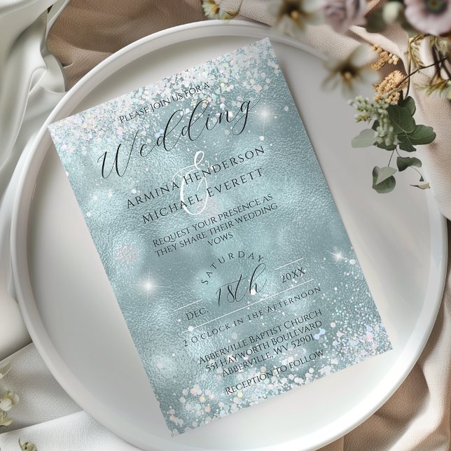Elegant Glamorös Blänkande Blå Foto Bröllop Inbjudningar (Skapare uppladdad)