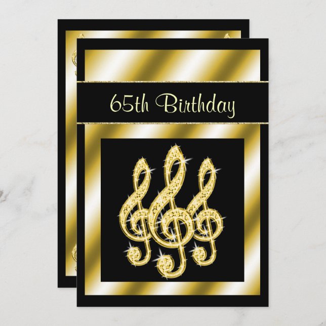 Elegant, glamorös Guld Treble Clefs 65e Birthday Inbjudningar (Fram/baksida)