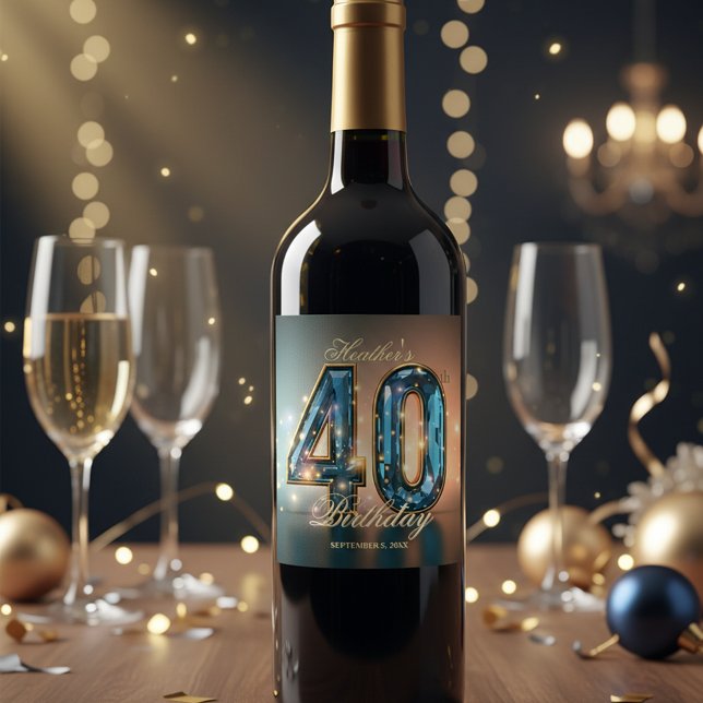 Elegant Glamorous Teal Gold Crystal 40th Birthday Vinflaska Etikett (Skapare uppladdad)