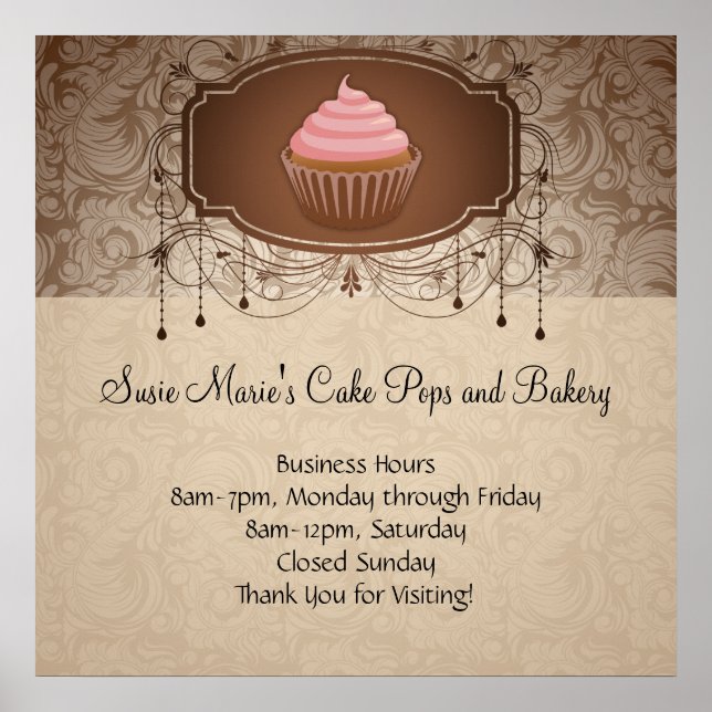 Elegant Glamour Mokka Damask Cupcake Design Skylt (Framsidan)