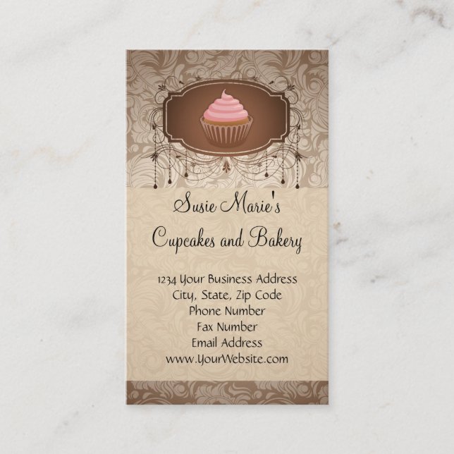 Elegant Glamour Mokka Damast Cupcake Bageri Visitkort (Framsida)