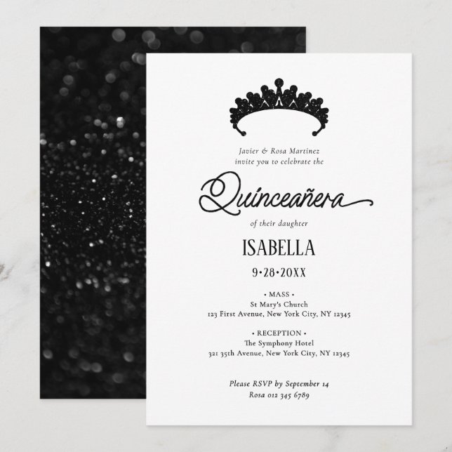 Elegant Glamous Black & White Quinceañera Inbjudningar (Fram/baksida)