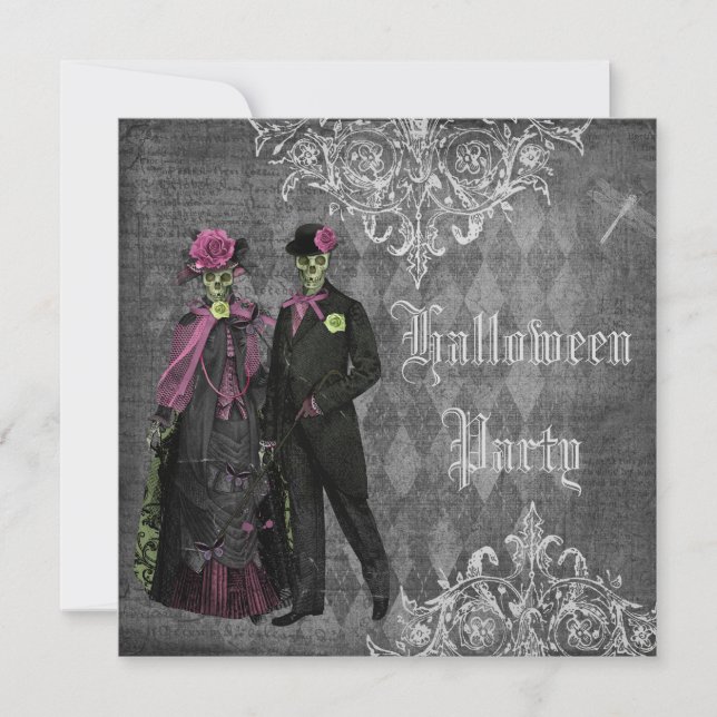 Elegant Glamous Skeletons Halloween fest Inbjudningar (Framsida)