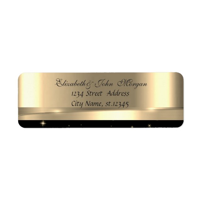 Elegant Glamous Snyggt Guld Black Shiny Returadress Etikett (Framsidan)