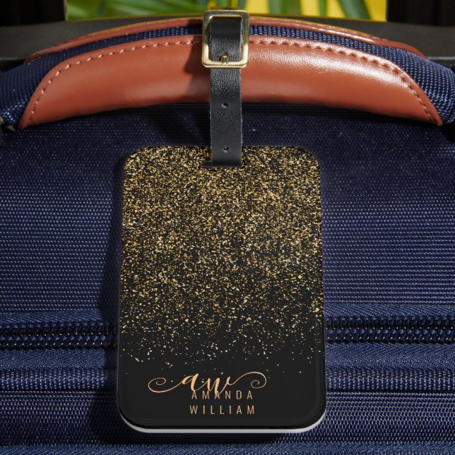 Elegant Glänsande Guld Glam Monogram Bagagebricka (Framsida Insitu 2)