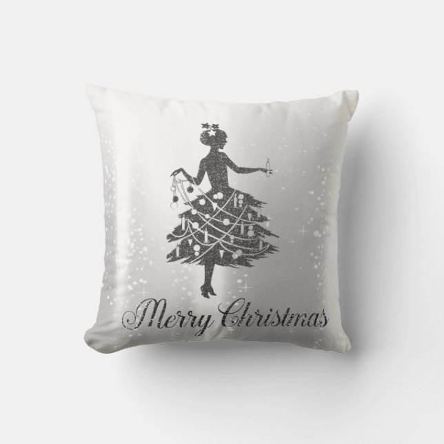 Elegant glänsande silver julgran tjej kudde (Framsida)