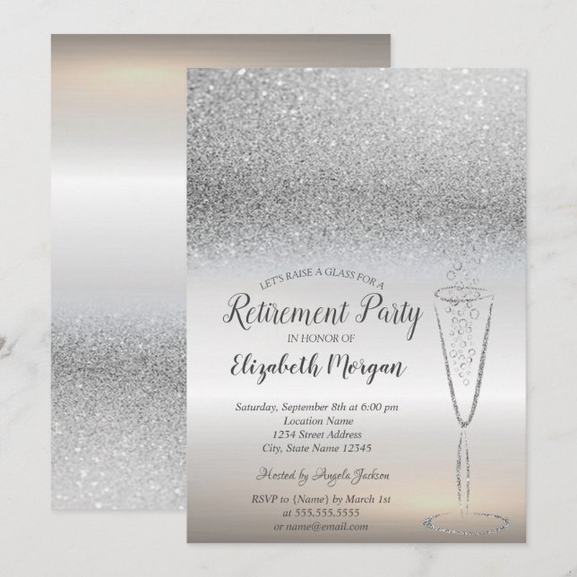 Elegant Glas Silver Glitter Bokeh Pensionering Inbjudningar (Fram/baksida)
