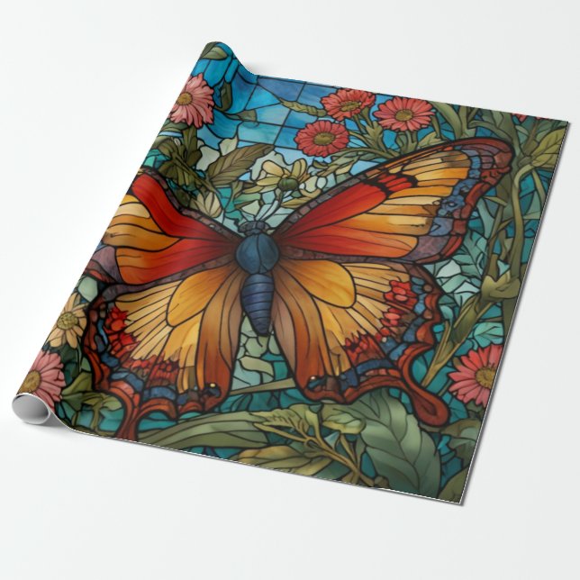 Elegant glasfärgad fjärilsträdgård presentpapper (Utrullad)