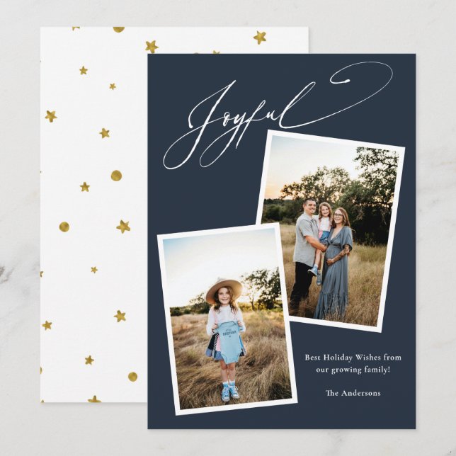 Elegant Glatt Blue Calligraphy Photo Gravid Julkort (Fram/baksida)